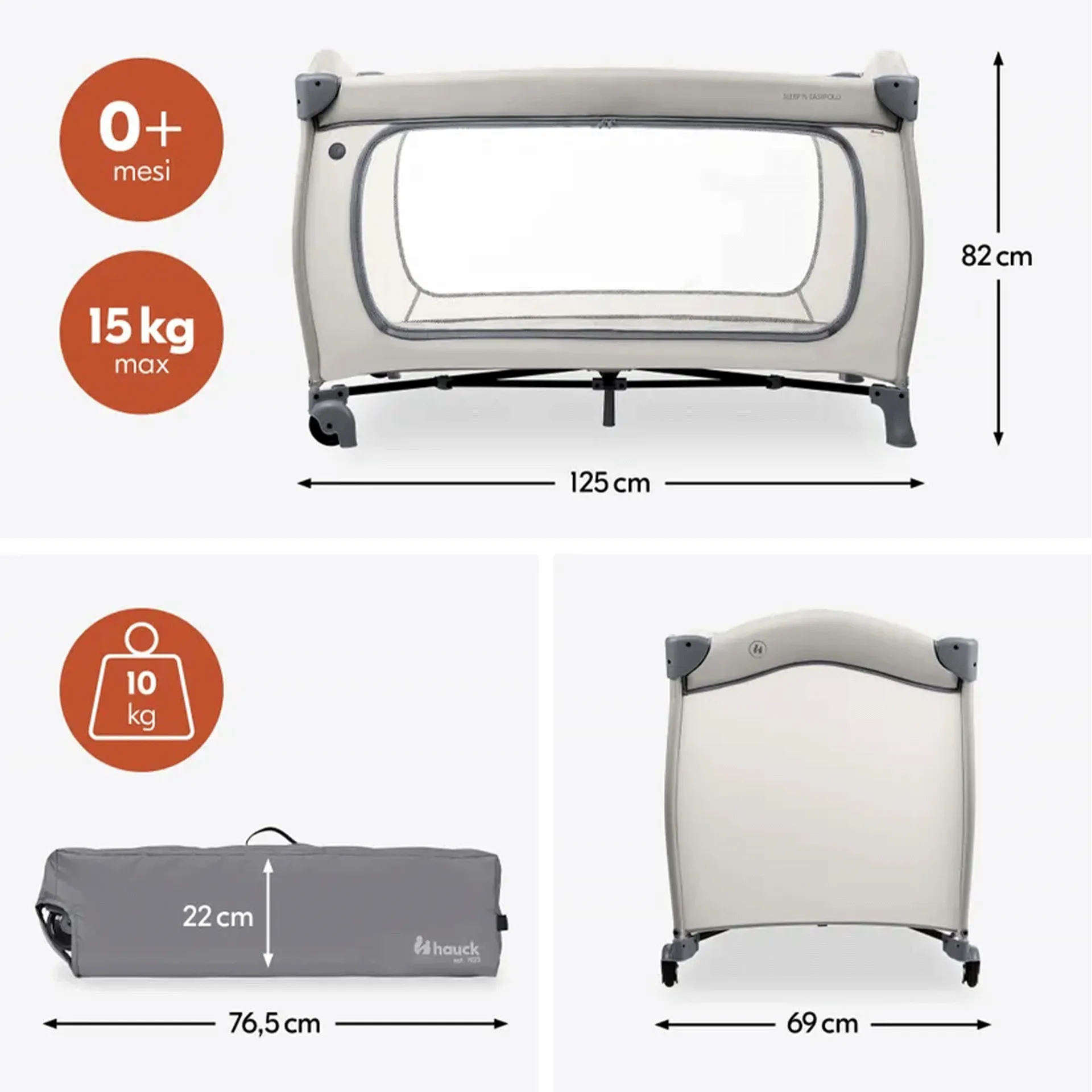Lettino da viaggio Hauck pieghevole grigio chiaro 125x69x82cm aperto