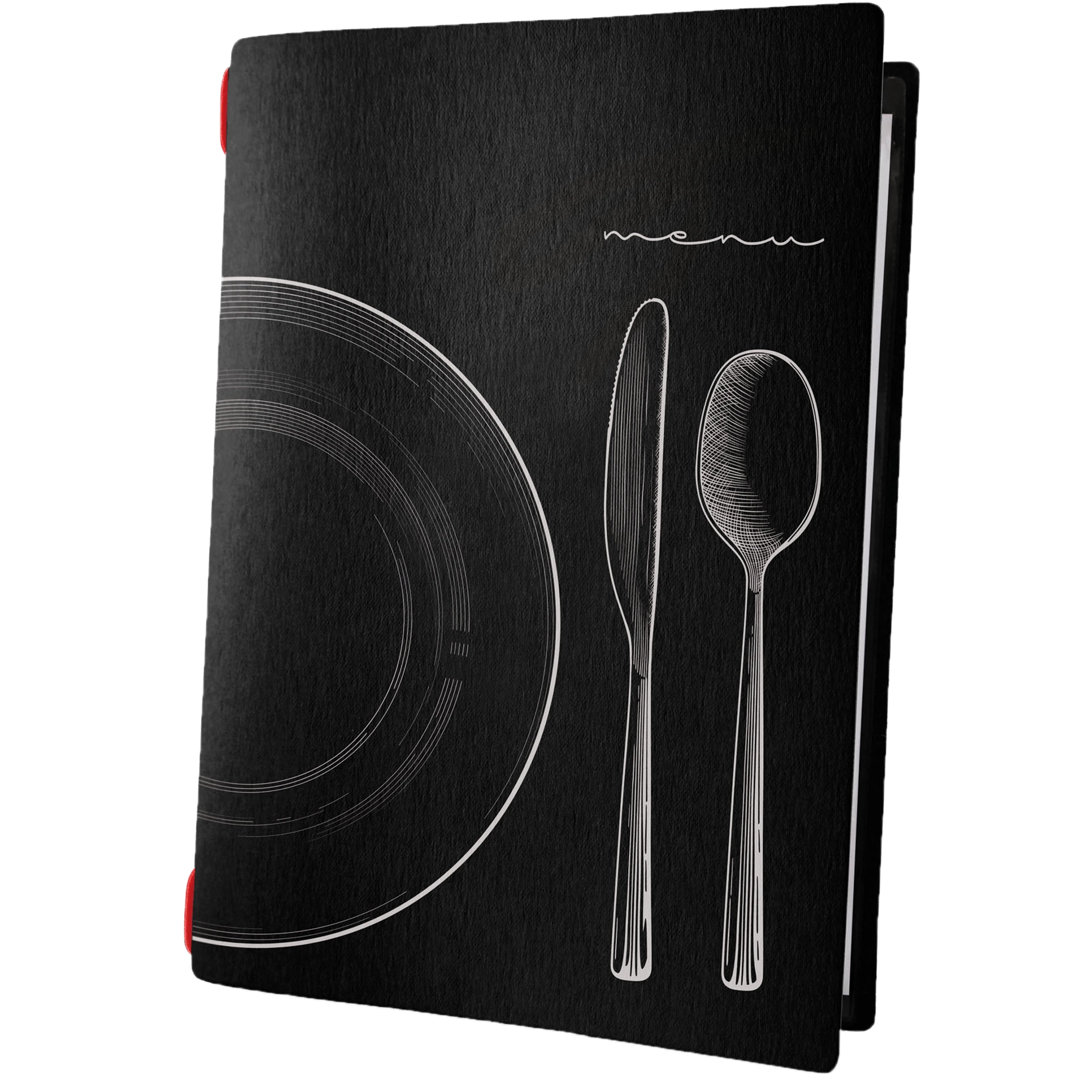 Speisenkarte | Custom black Zellulose | DIN A4 | Kordel rot 1 Doppelhülle | 4 Sichtseiten