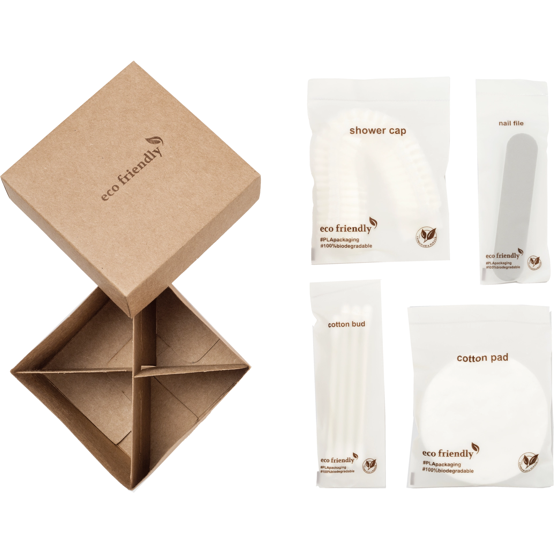 Badebox Amenities Karton PLA 100% eco friendly (Duschhaube, 4 Wattepads, 4 Ohrenstäbchen, Feile)