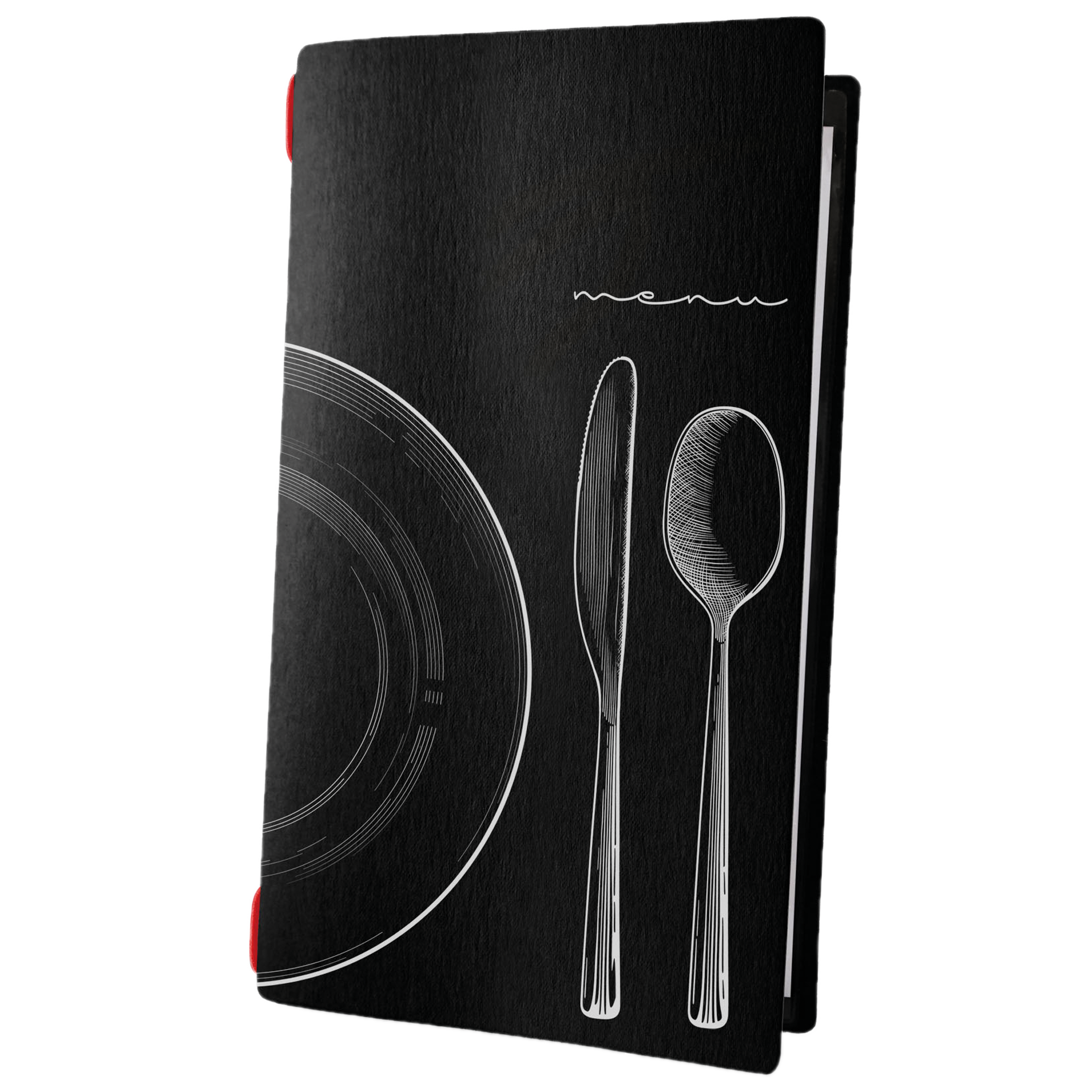 Speisenkarte | Custom black Zellulose | DIN A4RE | Kordel rot 17,3x31,7 cm