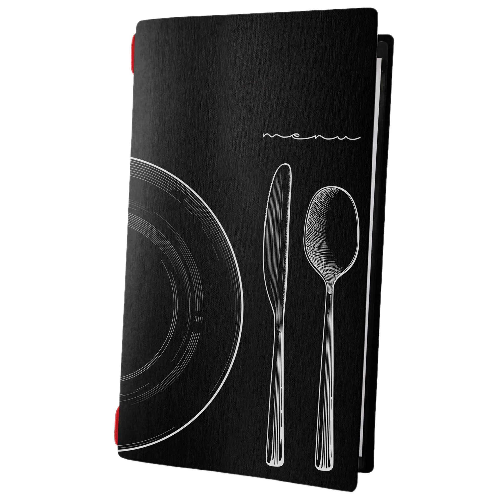 Speisenkarte | Custom black Zellulose | DIN A4RE | Kordel rot 17,3x31,7 cm
